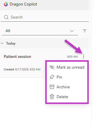 Screenshot of Dragon Copilto patient list with arrow pointing to patient session options icon and drop down options highlighted.