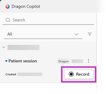 Screenshot of Dragon Copilot patient session list with the record button highlighted.