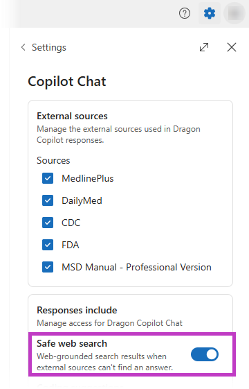 Screenshot of Dragon Copilot settings window open to Copilot Chat. In this window, the safe web search toggle is on and this area is highlighted.