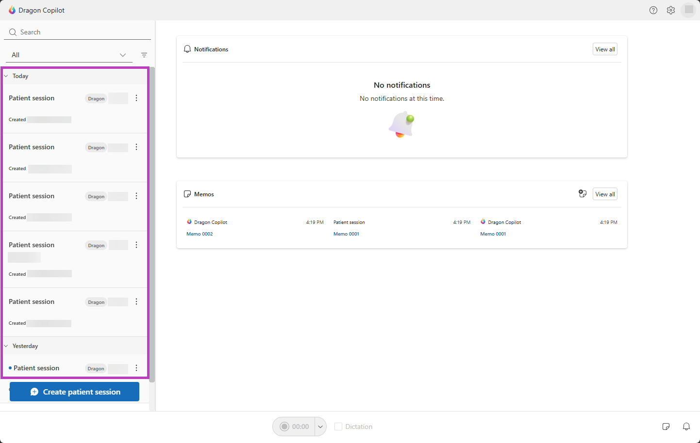 Screenshot of Dragon Copilot home page with session list highlighted.