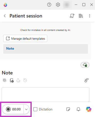 Screenshot of Dragon Copilot patient session with ambient recording icon at zero minutes highlighted.
