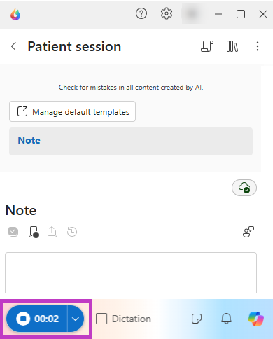 Screenshot of Dragon Copilot patient session with ambient recording icon on highlighted.