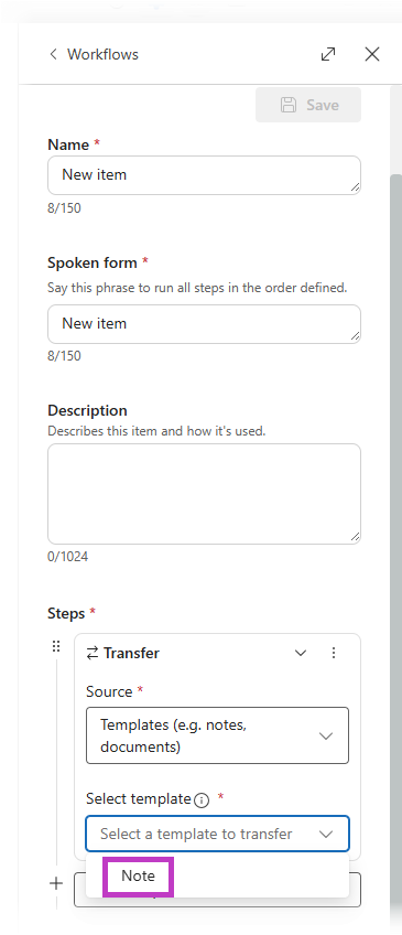 Screenshot of drop down menu of template sources available to transfer with the note option highlighted.