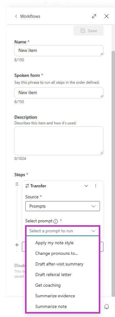 Screenshot of drop down menu of prompts available to transfer with prompt options highlighted.