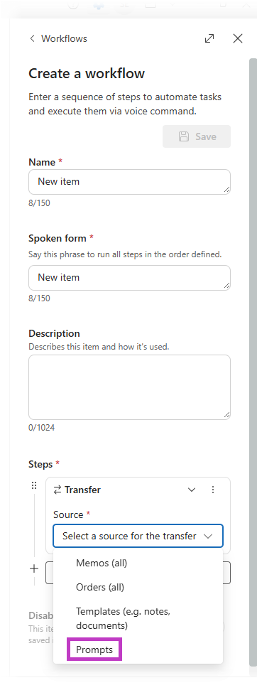 Screenshot of drop down menu of sources available to transfer with the prompt option highlighted.