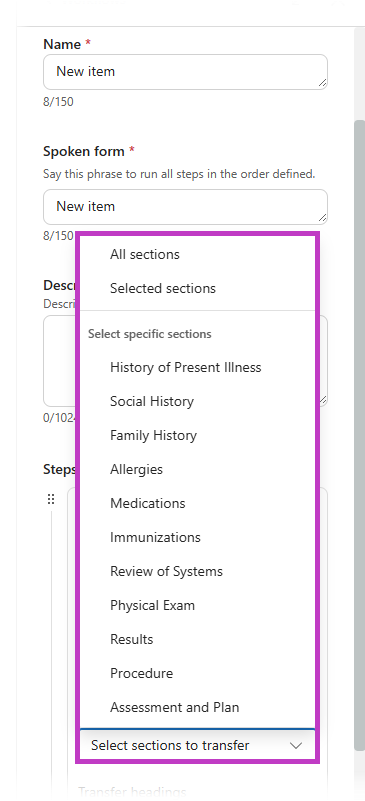 Screenshot of drop down menu of note sections available to transfer with the note section options highlighted.