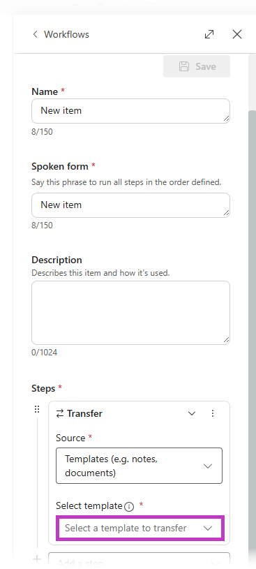 Screenshot of workflows section with template source section highlighted.