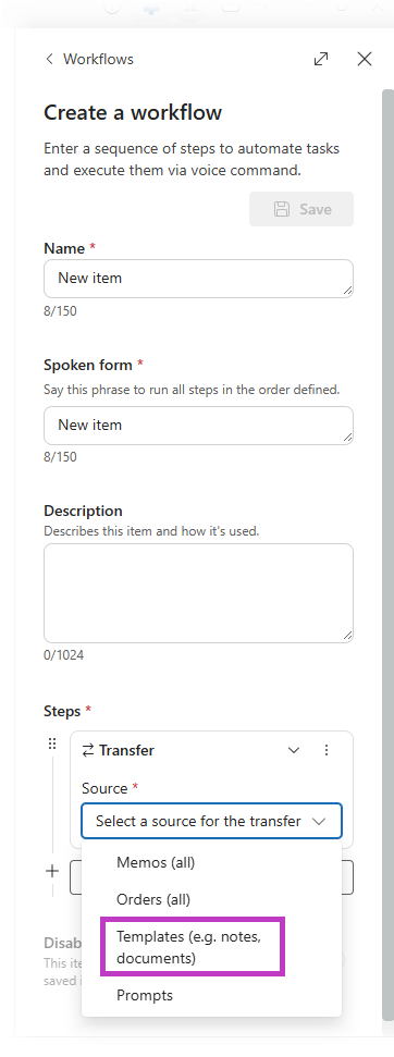 Screenshot of drop down menu of sources available to transfer with the template option highlighted.