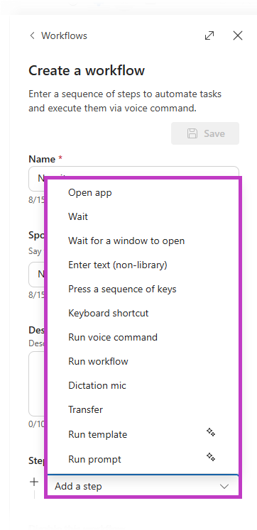 Screenshot of step types drop down menu in workflows in Dragon Copilot with step type options highlighted.