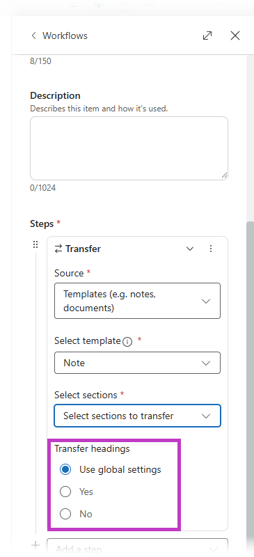 Screenshot of transfer heading options available to transfer when note template is selected with transfer heading options highlighted.