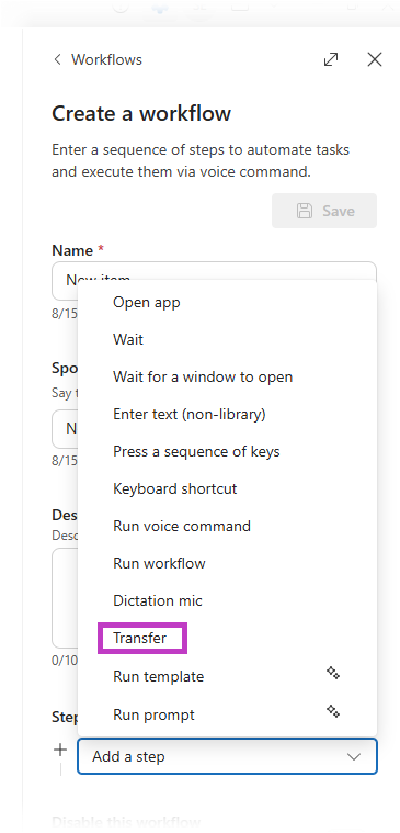 Screenshot of step types drop down menu in workflows in Dragon Copilot with the transfer step type highlighted.