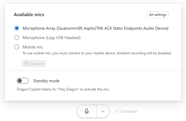 Screenshot of microphone button with microphone options and All mic settings button.