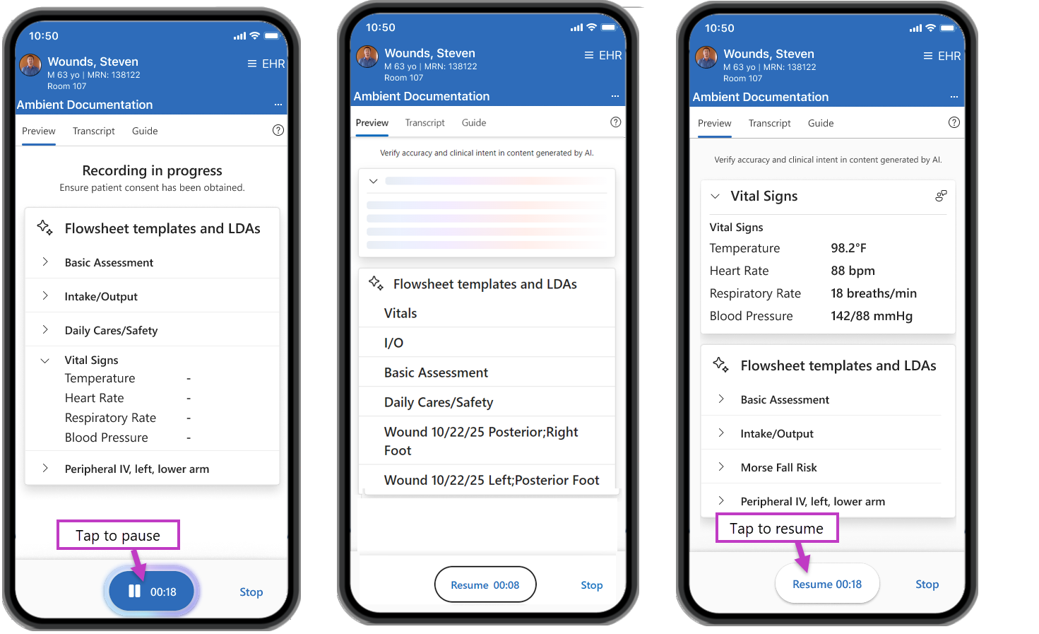 Image showing Preview tab with Pause action/timer highlighted, the processing screen, followed by Preview tab with Resume button highlighted.