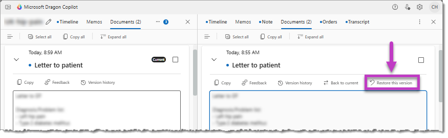 Side-by-side view of two document versions highlighting the Restore this version button.