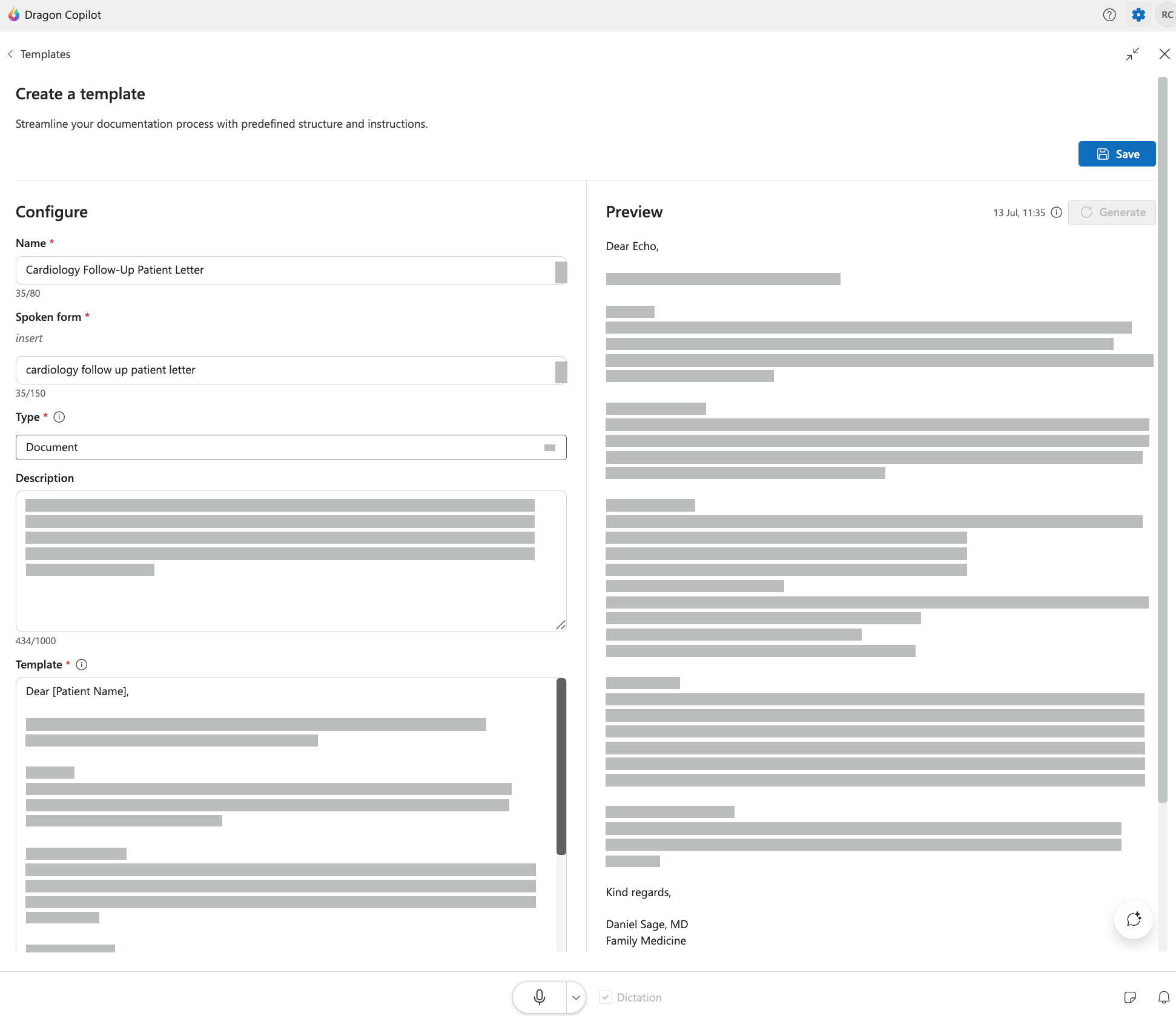 Screenshot of Dragon Copilot template preview.