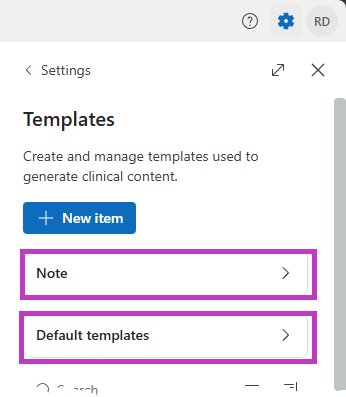 Screenshot of Dragon Copilot Settings menu with Note and Default templates highlighted.