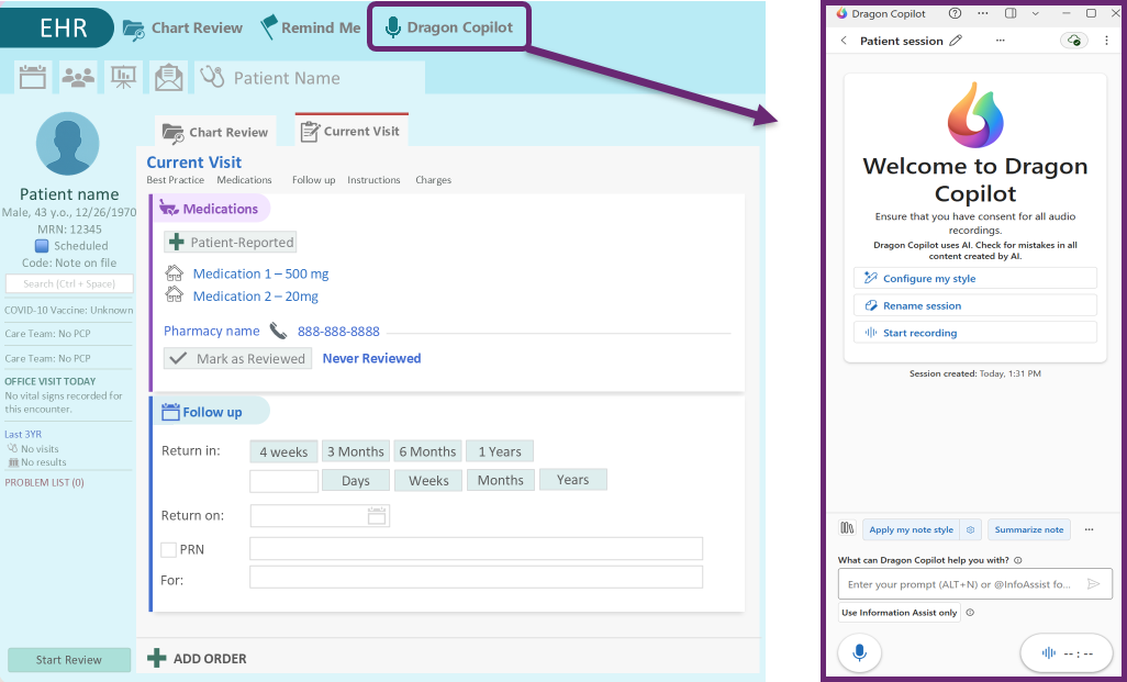 Screenshot showing how to launch Dragon Copilot from the EHR using the Dragon Copilot button.