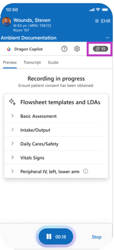 Screenshot of Drgon Copilot for Epic Rover recording screen with ES highlighted.