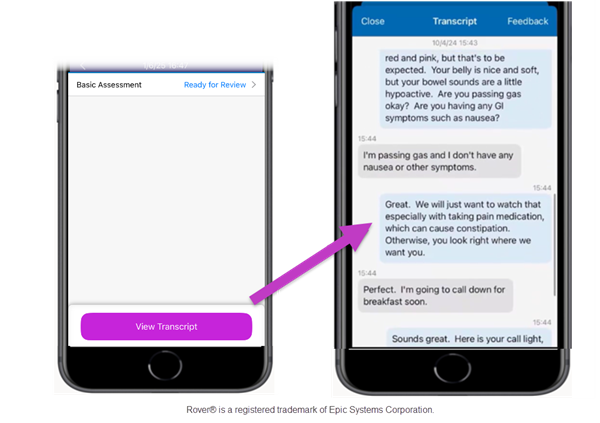 Screenshot that shows Dragon Copilot assessments with View Transcript highlighted and corresponding transcript.