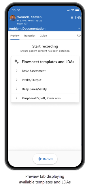 Screenshot of Epic Rover Preview tab showing available flowsheet templates and LDAs before recording.