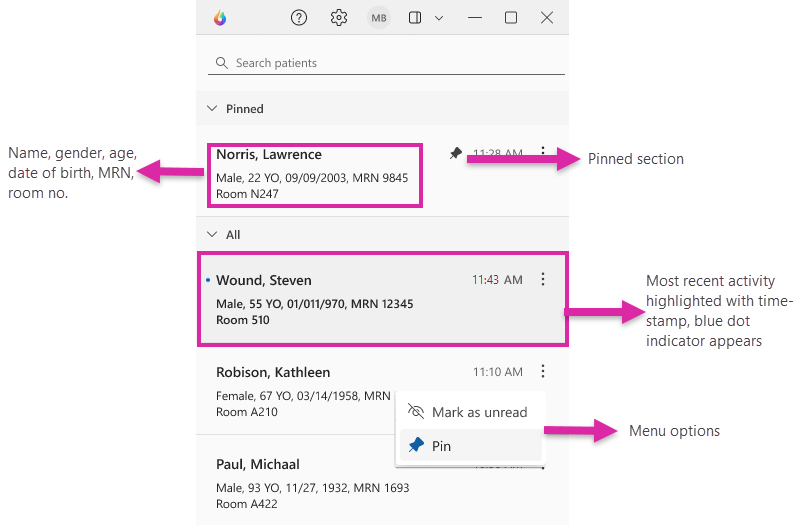 Dragon Copilot app home page with patient list view.