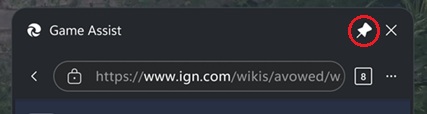 A closeup of the Microsoft Edge Game Assist header with the pin/unpin icon (next to close) circled in red.