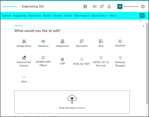 Screenshot of the D2L Brightspace LMS highlighting the Existing Activities dropdown in a course.