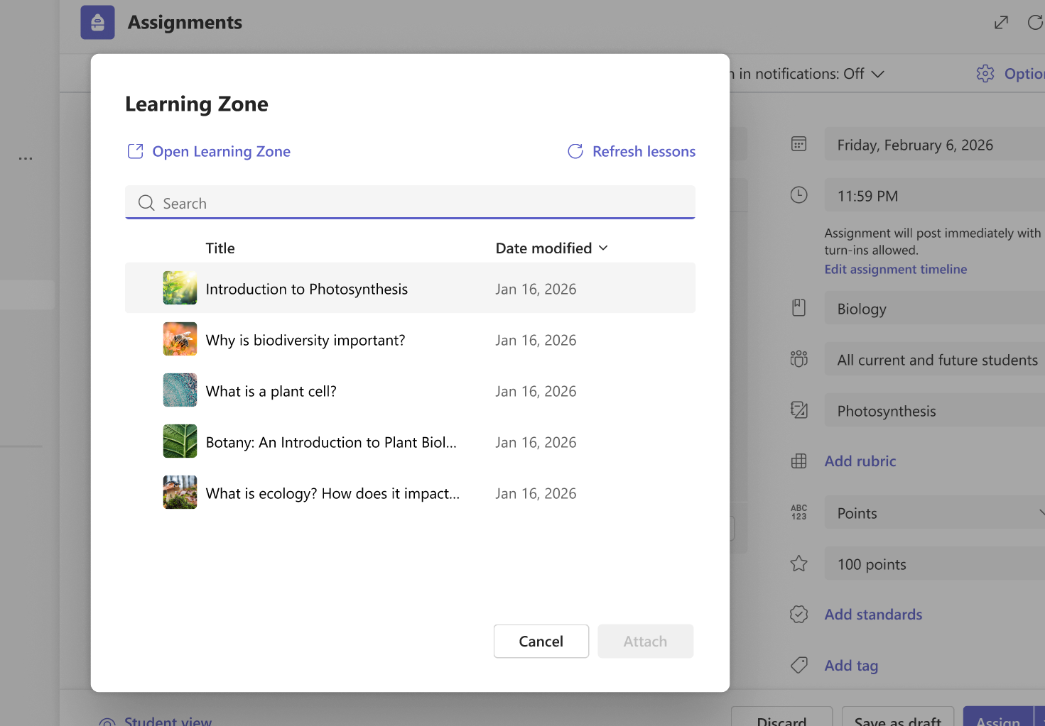 Screenshot of the Lesson Picker dialog showing a list of Learning Zone lessons with lesson names, dates, and options to search, sort, and attach a lesson.