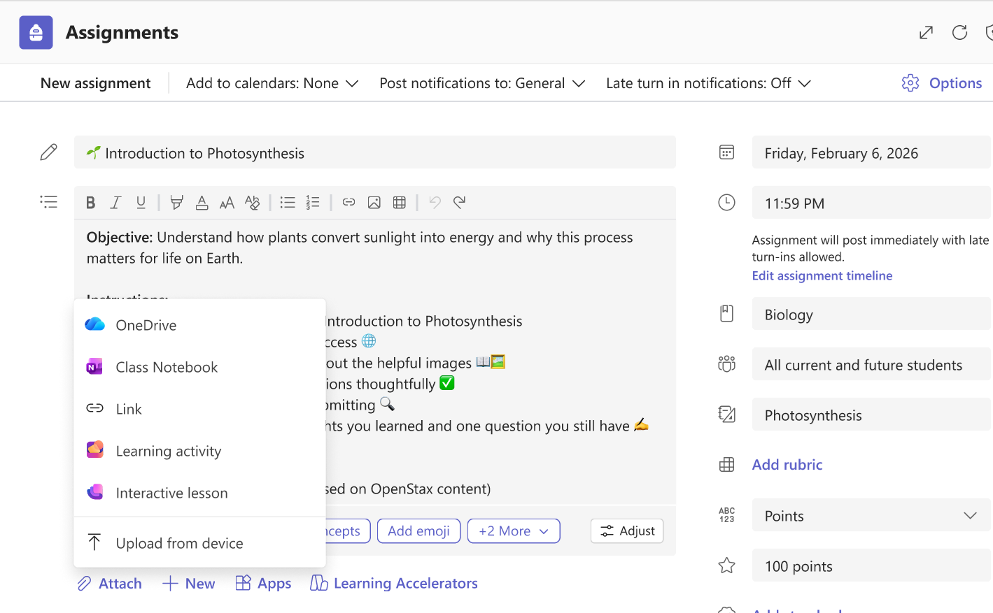 Screenshot showing the assignment creation flow in Microsoft Teams with the Learning Zone option highlighted among the attachment options.