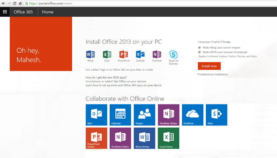 Screenshot of how to install Office 365 on a PC.