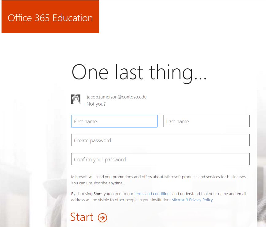 Screenshot of the password creation page for the Office 365 sign up process.