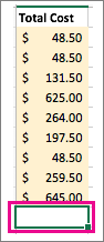 Screenshot that shows that after you click AutoSum, the selection area and formula are displayed.