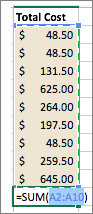 Screenshot that shows that after selecting AutoSum, the selection area and formula are displayed.