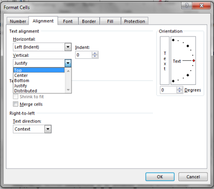 The Alignment tab of the Format Cells dialog box.