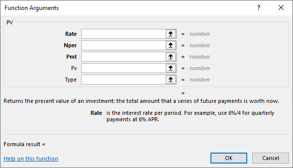 The Function Arguments dialog displays the name of the function, a description, and boxes for the arguments.