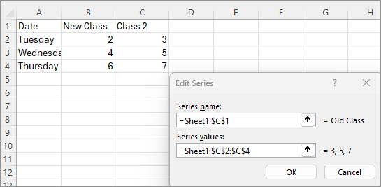 To select a different cell to use as the legend name, click into the Series name text box.