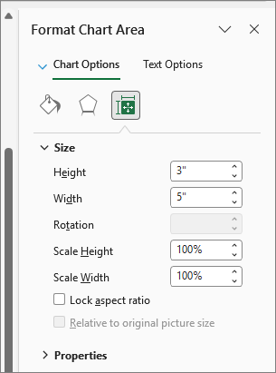 Screenshot that shows to adjust the chart size in Format Chart Area dialog box.