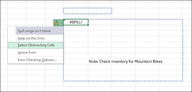 PivotTable showing #SPILL! error with an open error menu. The menu includes Select Obstructing Cells (highlighted).