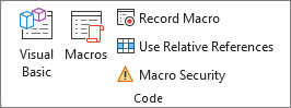 Screenshot that shows the Code group on the Developer tab.