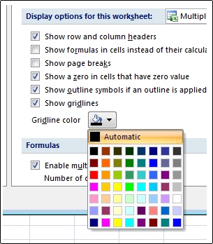 Gridline color settings in the Excel Options dialog box