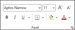 Screenshot that shows Font group on the Home tab with buttons for font selection, font size, bold, italic, underline, and additional formatting options.