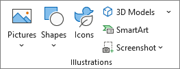 Screenshot that shows Illustrations group on the Insert tab showing Shapes, Icons, 3D Models, Smart Art, Chart, and Screenshot options.