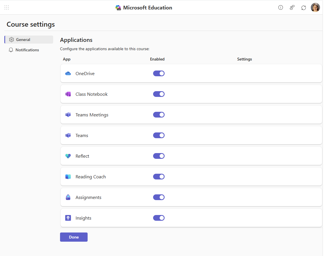 Applications settings in course settings in Microsoft 365 LTI (a list of toggles)