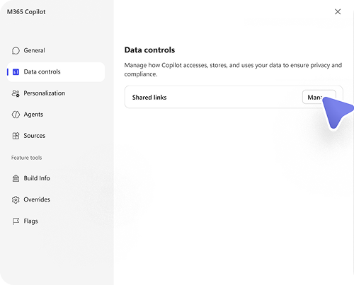 Copilot Data controls settings showing the Shared links option with the Manage button highlighted.