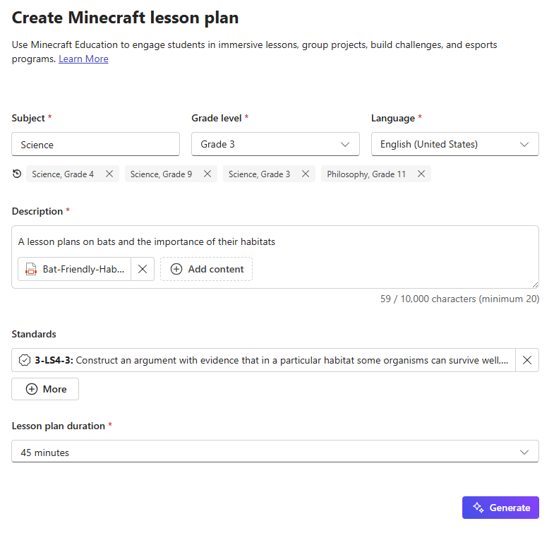 screenshot of creating Minecraft lesson