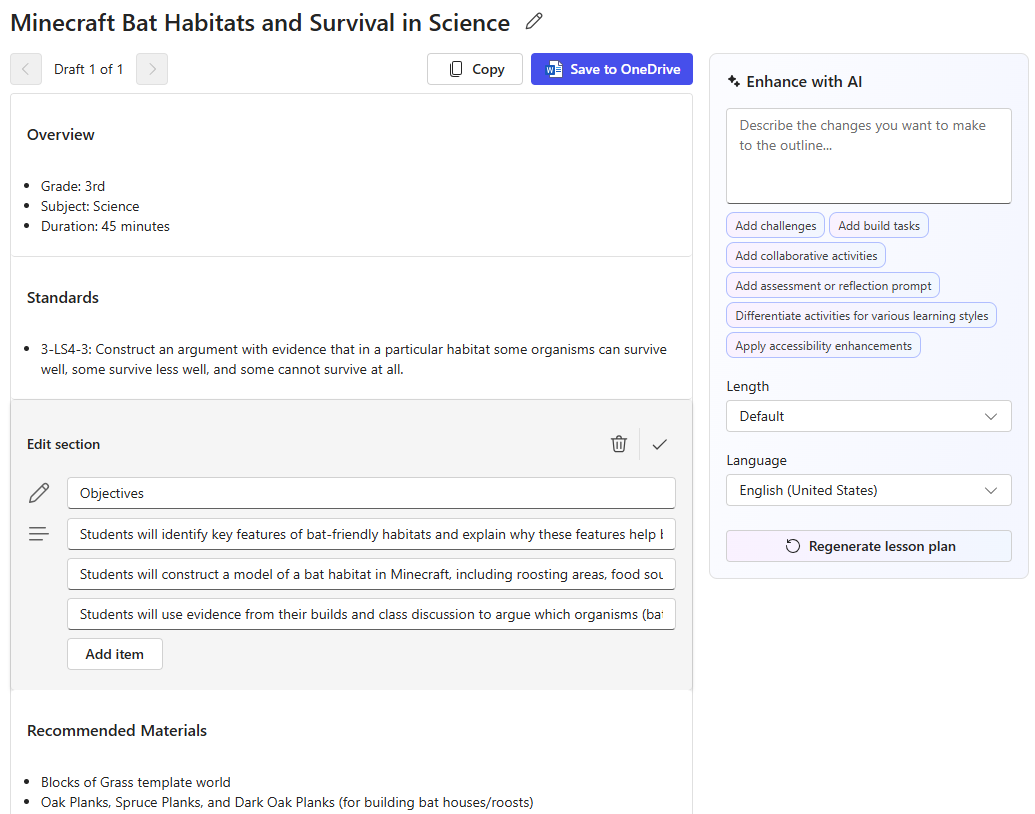 screenshot of reviewing Minecraft Lessons