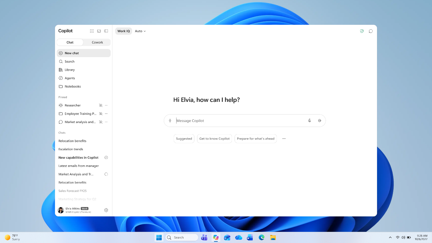 Screenshot showing the Microsoft Copilot app home screen on desktop.