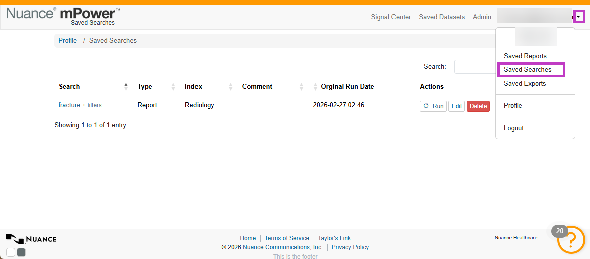 Screenshot of the Saved Searches page with the navigation menu and list highlighted.