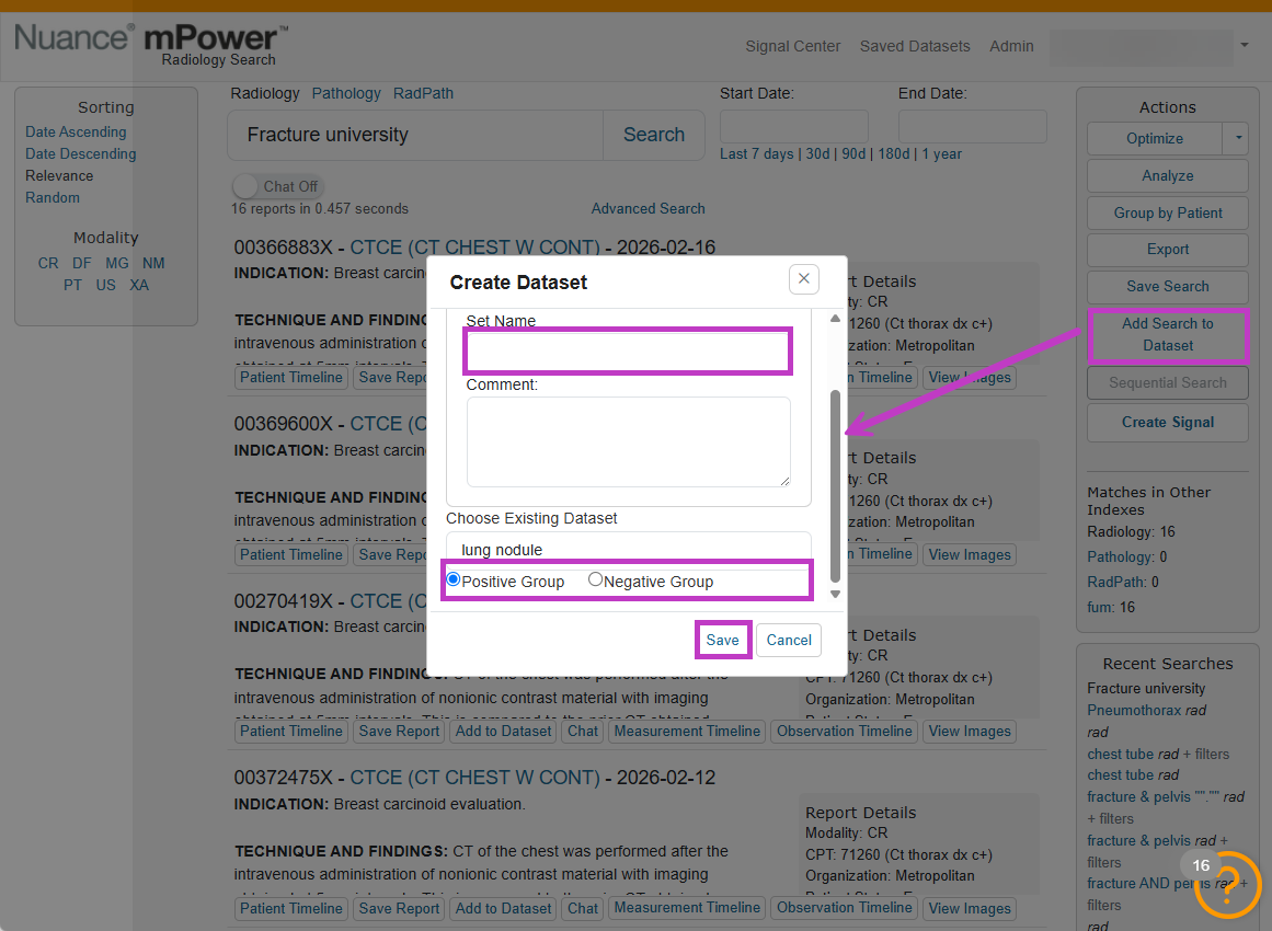 Screenshot of mPower Save Search dialog with Add Search to Dataset and Save buttons highlighted.
