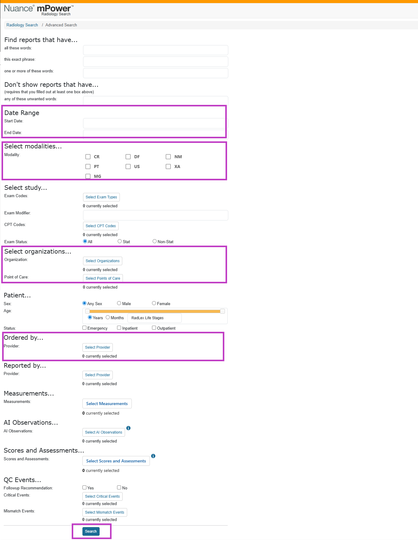 Screenshot showing the mPower advanced search page with filters and the Search button highlighted.